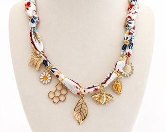 Scarf Charm Necklace Silk Boho Bandana Jewelry Bee Butterfly Handmade