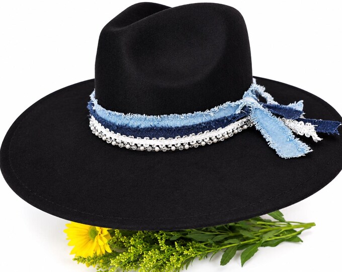 Rancher Hat Boho Black Denim Lace Vegan Suede