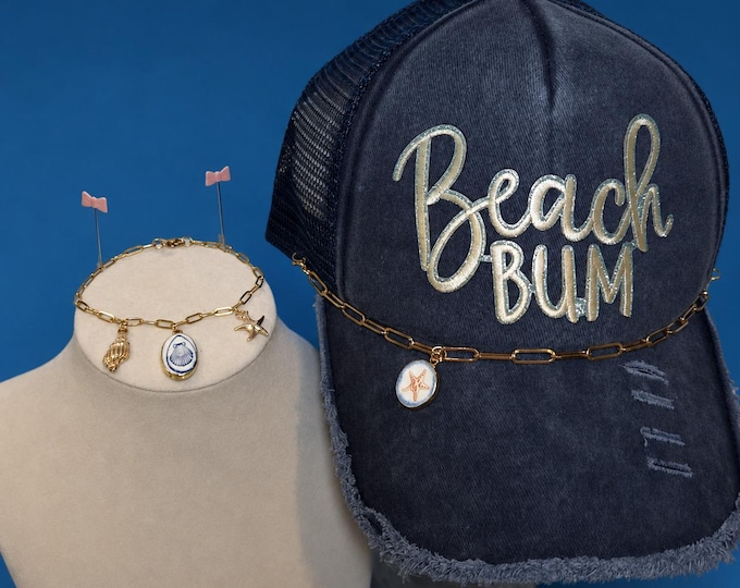 Beach Bum Trucker Hat Chain Charm Matching Bracelet Denim Snap Back