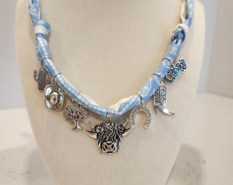 Silk Bandana Scarf Western Cowgirl Charm Necklace Blue Cow Horseshoe Custom Handmade