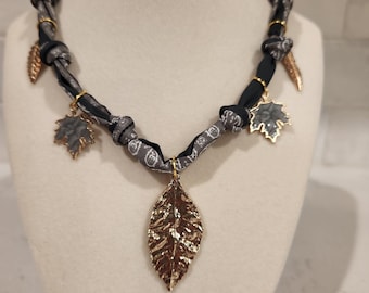 Silk Bandana Charm Necklace Golden Leaf