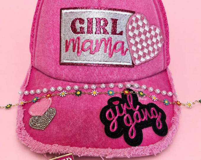 Girl Mom Trucker Hat Pretty In Pink Heart Glitter Chain Charm Pretty Girl Gang