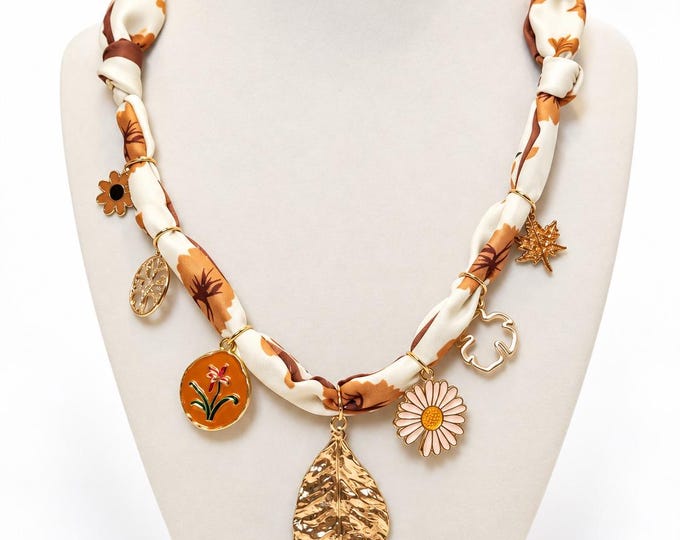 Scarf Silk Charm Necklace Boho Fall Fashion Accessory Leaves