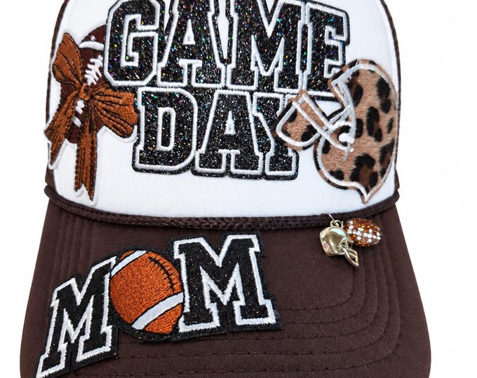 Football Game Day Mom Patch Trucker Hat Snap Back Brown Helmet Bow
