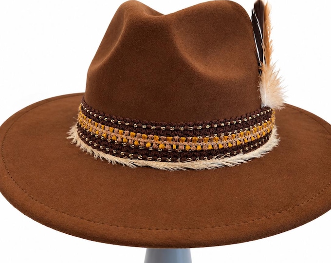 Rancher Hat Brown Lace Ribbon Feathers Cowboy Boho One Size Fits Most Vegan Suede