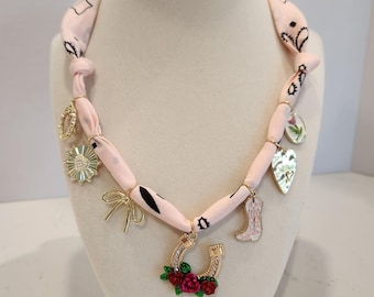 Bandana Scarf Charm Necklace Western Cowgirl Pink Custom Handmade Horseshoe