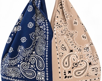 Knotted Bandana Hobo Bag: Two-Tone Navy Blue & Tan Paisley Tote (18" x 16")