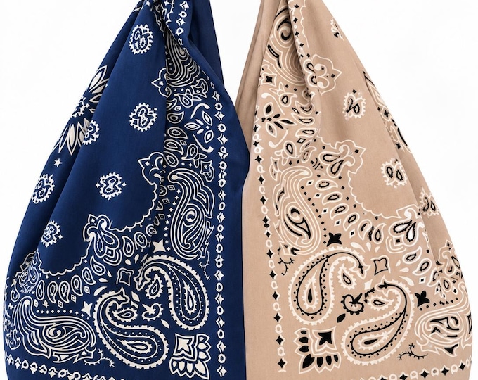 Knotted Bandana Hobo Bag: Two-Tone Navy Blue & Tan Paisley Tote (18" x 16")
