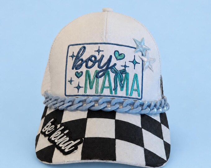 Boy Mama Ponytail Trucker Hat Checker Brim Black White Feral Mom Momma Blue Chain Accent Be Kind Embroidery Patch Moto Moms Motorcross