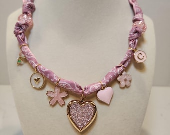 Bandana Silk Scarf Charm Necklace Custom Handmade Locket Pink Heart