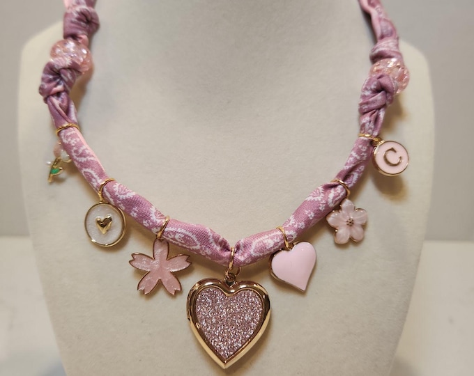 Bandana Silk Scarf Charm Necklace Custom Handmade Locket Pink Heart