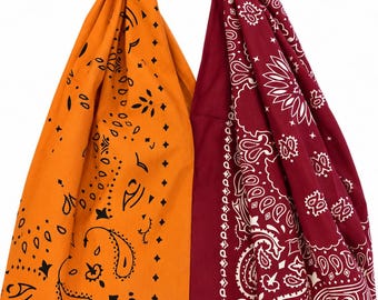 Knotted Bandana Hobo Bag: Two-Tone Burgandy & Orange Paisley Tote (18" x 16")