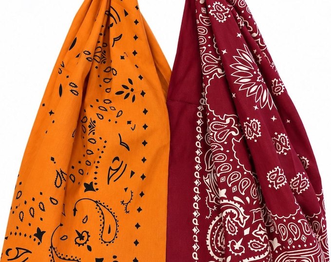 Knotted Bandana Hobo Bag: Two-Tone Burgandy & Orange Paisley Tote (18" x 16")