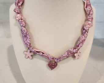 Silk Bandana Scarf Charm Necklace Pink Gold
