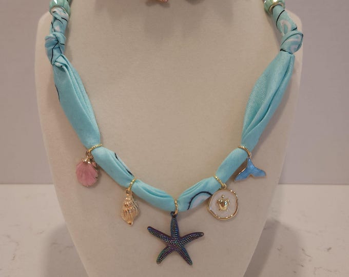 Bandana Scarf Charm Necklace and Bracelet Beach Style Starfish Teal Handmade