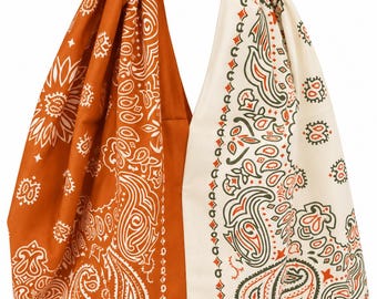 Knotted Bandana Hobo Bag: Two-Tone Rust & Ivory Paisley Tote (18" x 16")