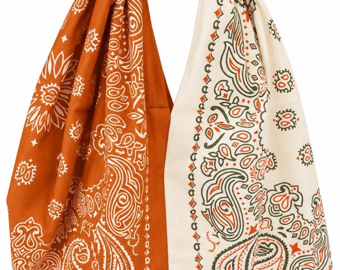 Knotted Bandana Hobo Bag: Two-Tone Rust & Ivory Paisley Tote (18" x 16")