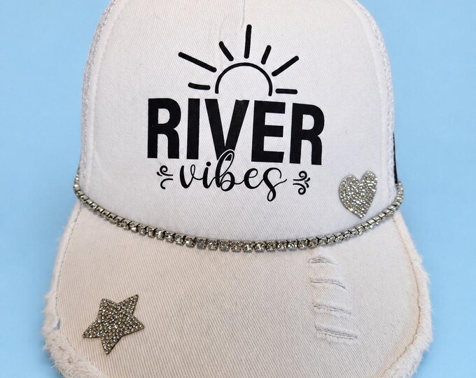 River Vibes I Can't Adult Today Trucker Hat Weathered White Silver Star Silver Heart Pin Snap Back