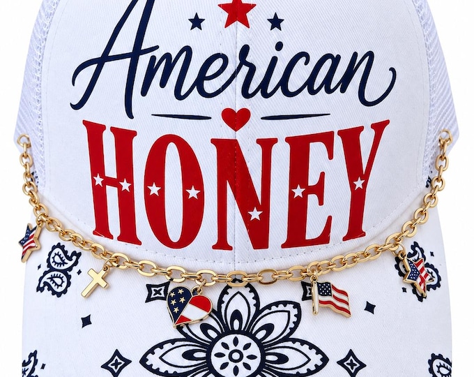 American Honey I Ponytail Hat l Red White Blue l Bandana Style l Gold Patriotic Chain l Flag l Heart l Cross