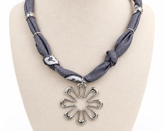 Scarf Charm Necklace Silk Boho Bandana Jewelry Handmade Pendant Necklace Silver Flower
