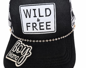Boy Mom Wild & Free Trucker Hat Snap Back Black White Checkers Chain Snap Back