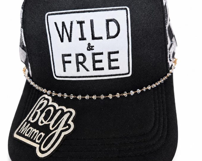 Boy Mom Wild & Free Trucker Hat Snap Back Black White Checkers Chain Snap Back