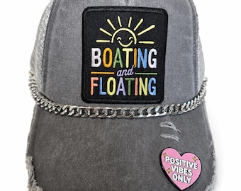 Boating Floating Positive Vibes Lake River Trucker Hat Pink Heart Pin Silvery Chain Gray Weathered Hat Snap Back