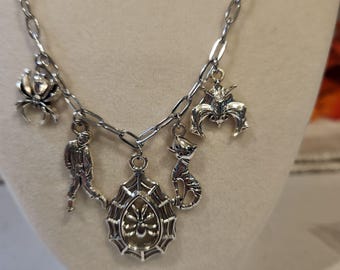 Halloween Silver Charm Necklace Spider Skeleton Bat