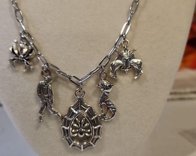 Halloween Silver Charm Necklace Spider Skeleton Bat