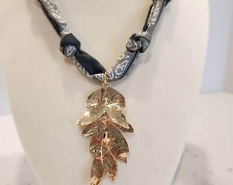 Bandana Silk Scarf Charm Necklace Custom Handmade Gold Leaf Pendant Necklace