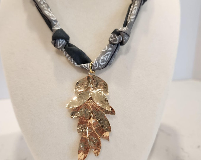 Bandana Silk Scarf Charm Necklace Custom Handmade Gold Leaf Pendant Necklace