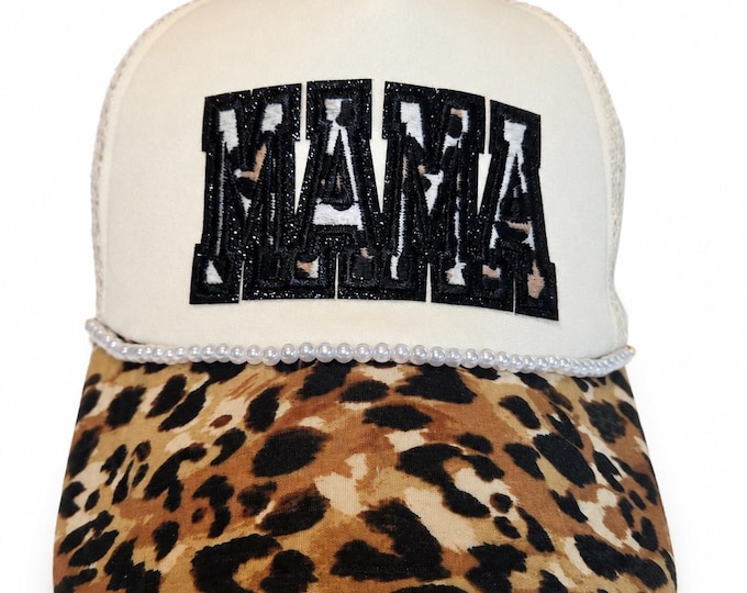 Mama Trucker Hat Cheeta Brim Pearl Chain Accent Cheeta Bandana Snap Back Handmade Custom