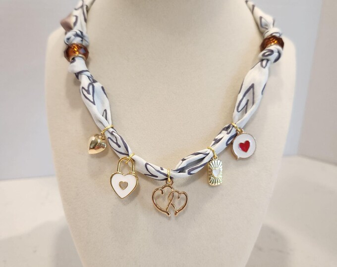 Silk Scarf Bandana Charm Necklace Hearts Amber Custom Handmade