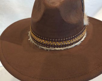 Rancher Hat Brown Lace Ribbon Feathers Cowboy Boho One Size Fits Most Vegan Suede