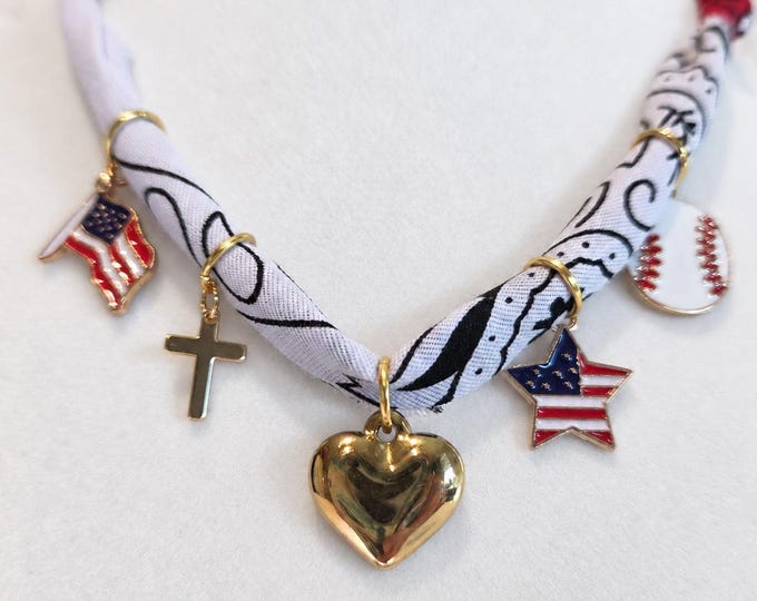 Patriotic Bandana Necklace with American Flag, Heart, Cross, Star Charms