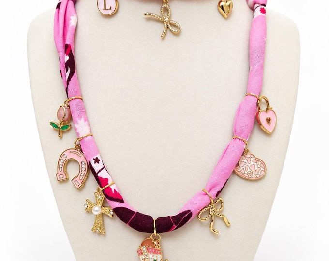Scarf Bandana Charm Necklace & Bracelet Pink Rodeo Cowgirl Boho