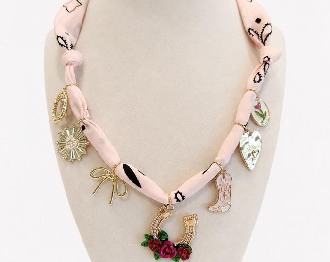 Scarf Charm Necklace Western Cowgirl Pink Horseshoe Kentucky Derby Handmade Bandana Jewelry