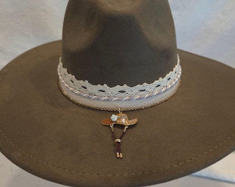 Rancher Hat Olive Green Lace Gold Plated Chain With Pendant Cowboy Boho One Size Fits Most Vegan Suede
