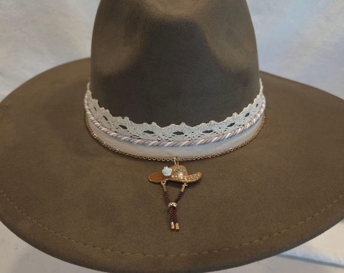 Rancher Hat Olive Green Lace Gold Plated Chain With Pendant Cowboy Boho One Size Fits Most Vegan Suede