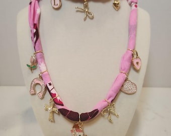 Bandana Charm Necklace & Bracelet Pink Rodeo Cowgirl Boho