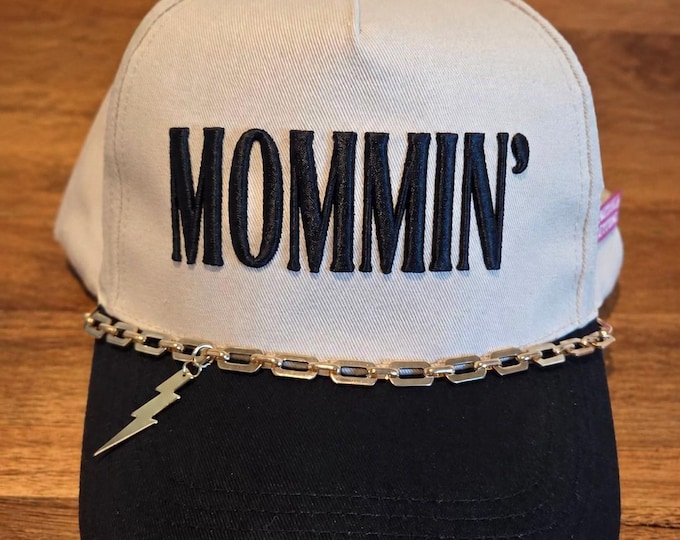 Mommin Embroidered Trucker Hat Baseball Cap Snap Back Beige and black gold lightning bolt and gold chain