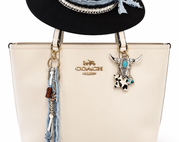 Western Boho Style Purse Charm Key Chain Cowgirl Style Blue Fringed Denim
