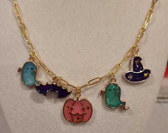 Halloween charm necklace ghost witches hat gold paperclip chain pink, purple, green orange