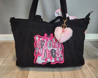 Halloween Tote Bag Black Boo Bag Purse Charm Corduroy Spooky Hocus Pocus