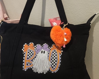 Halloween Tote Bag Black Boo Bag Purse Charm Corduroy Spooky Hocus Pocus