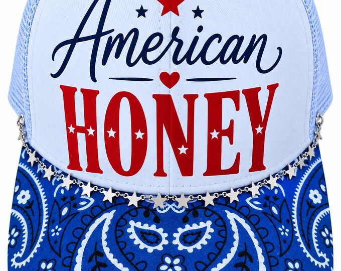 American Honey I Ponytail Hat l Red White Blue l Bandana Style l Silver Stars Chain