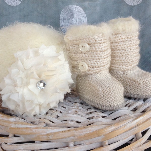 Baby hat and boots shabby chic cream