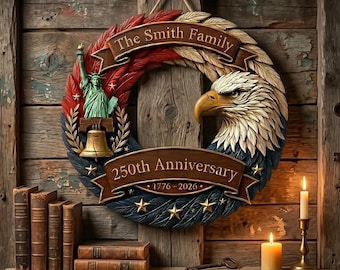 Personlig amerikansk träkrans för 250-årsjubileum 1776–2026, patriotisk trädörrskylt med släktnamn som 50-årsjubileum