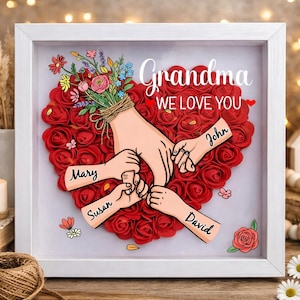 Personalized Flower Box for Mom, Holding Hands Shadow Box with Kids Names, Mother's Day Gift for Mom Grandma Nana, Birthday Gift