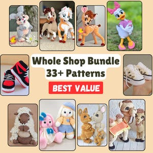 Peut inclure: Divers objets crochetés à la main, notamment des figurines d'animaux comme un lapin, un cerf et un chameau, ainsi qu'une paire de baskets miniatures. L'image contient également le texte "Whole Shop Bundle 33+ Patterns" et "BEST VALUE".